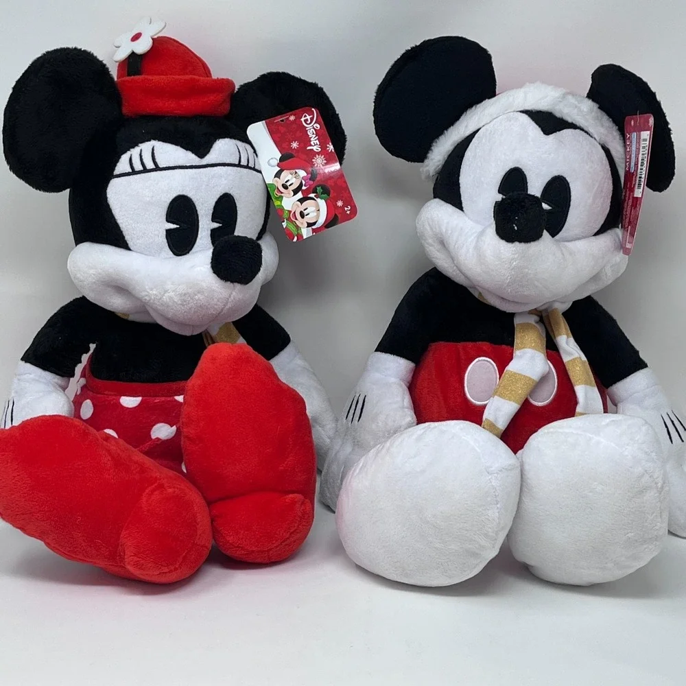 Disney Just Play Mickey Minnie Christmas Plush Set Gold White Scarves 20
